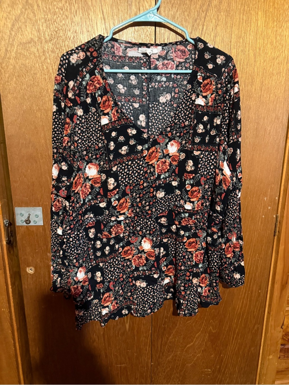 Maurices Black Floral Patchwork V-Neck Peplum Blouse